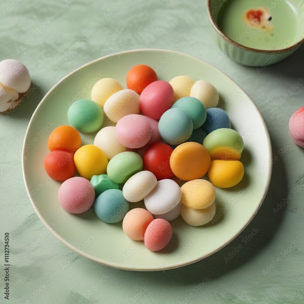 Colorful mochi sweets arranged artfully on a pale green dessert plate, Asian desserts, dessert arrangement, still life