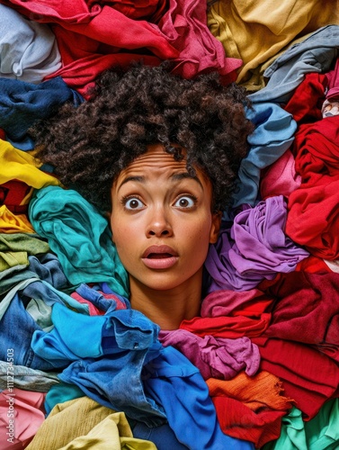 Overwhelmed Afro American woman gives advice to recycle your old clothes sticks out head through multicolored clothing surrouunded by unwearable items collected for donation. Textile recycling