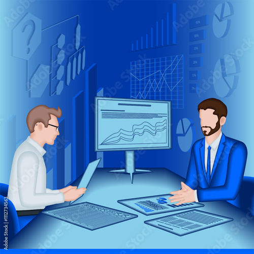 Conducting stakeholder interviews to identify and understand problems in the decision-making process. 2D vector illustration.