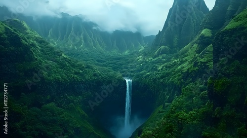 Majestic waterfall cascading down lush green cliffs in a tropical mountain landscape during early morning