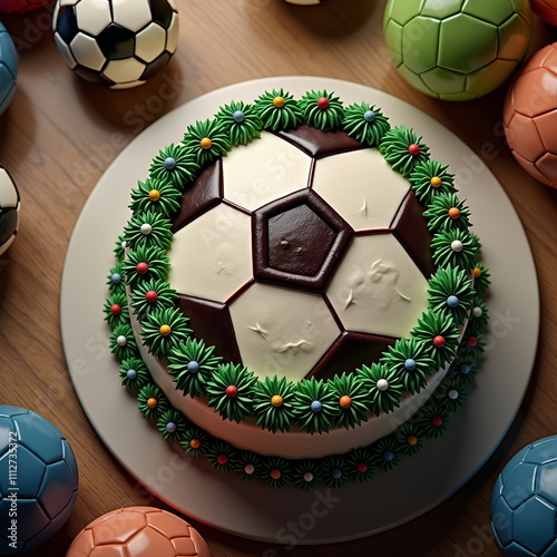 Soccer ball cake with festive wreath decoration
