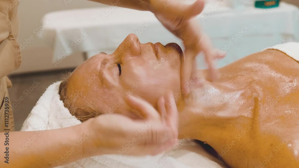 Middle aged woman enjoys hand anti-aging facial treatment in spa salon. Middle aged woman enjoys hand anti-aging facial treatment in spa salon.