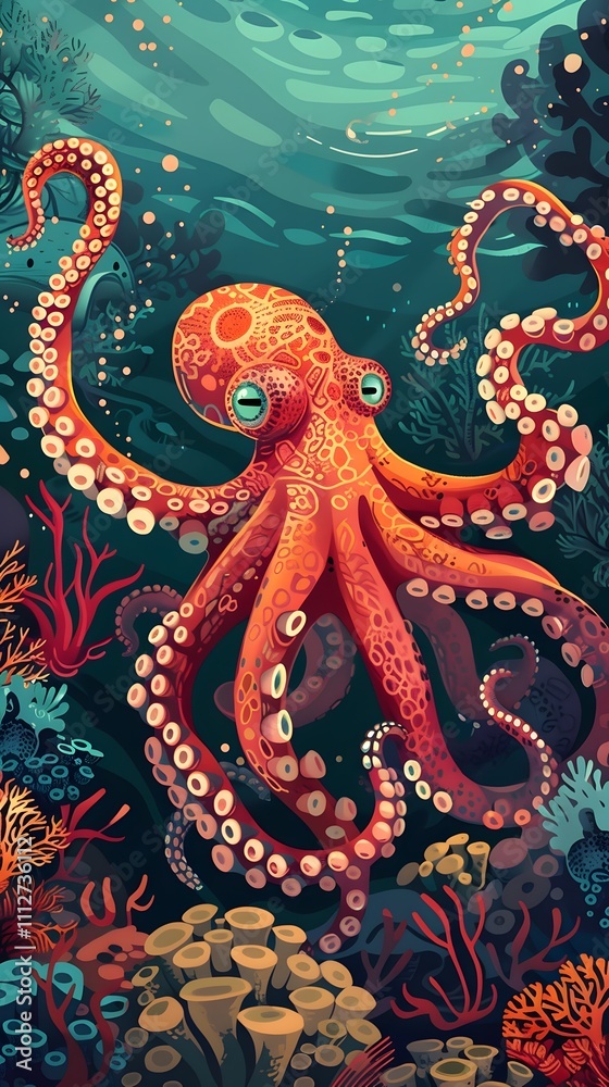 Octopus and beautiful underwater scenery, Underwater Scene with Incredible Commotion of an Octopus Octopus and beautiful underwater scenery, Underwater Scene with Incredible Commotion of an Octopus