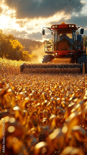 Golden Harvest Field with Farm Tractor - Autumn Agricultural Scene