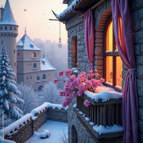 Winter castle window with pink flowers in snowy scene