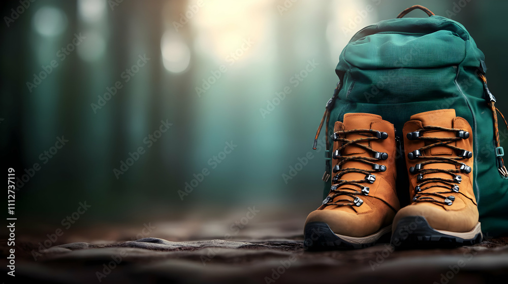 Hiking boots and backpack in serene forest. Hiking boots and backpack in serene forest.