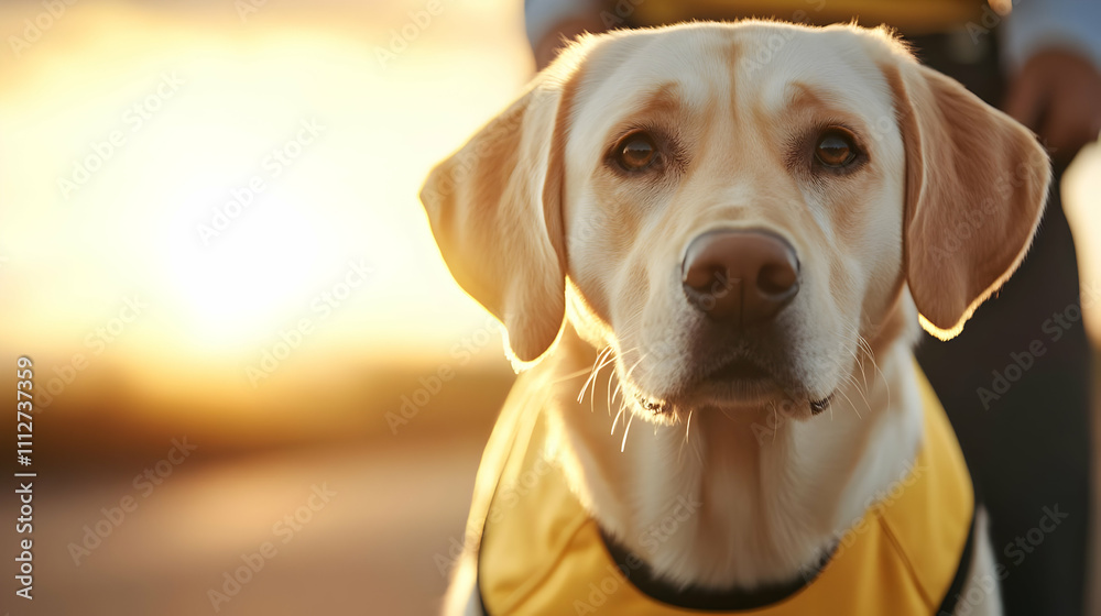 Labrador retriever in sunset with yellow vest Labrador retriever in sunset with yellow vest
