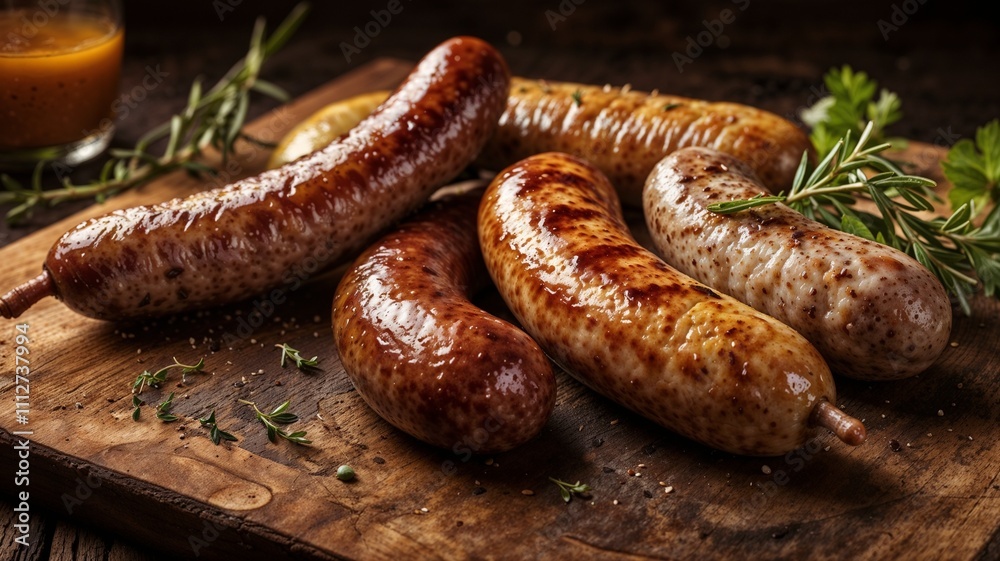 Grilled Gourmet Sausages with Fresh Herbs on Rustic Wooden Board. Grilled Gourmet Sausages with Fresh Herbs on Rustic Wooden Board.