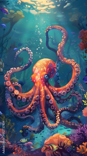 Octopus and beautiful underwater scenery, Underwater Scene with Incredible Commotion of an Octopus