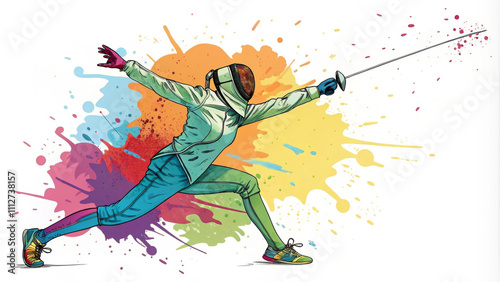 A fencer lunges with a sword, surrounded by splashes of vibrant color in the background. The dynamic pose and colorful attire create a sense of motion and excitement.AI generated.
