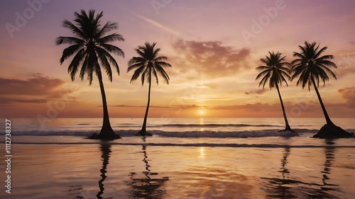 Silhouetted palm trees on a tranquil beach at sunset.