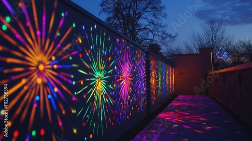 New Yeara??s laser lights displaying fireworks patterns on an outdoor wall. photo