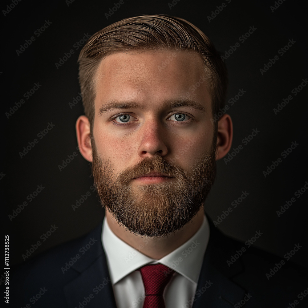Professional portrait of a bearded man in a formal suit and tie, posed against a black background, exuding confidence and sophistication in a sleek, minimalist setting