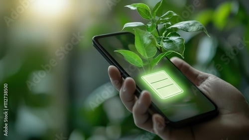 mobile payment security platform concept. A hand holds a smartphone displaying a plant, symbolizing the fusion of technology and nature, possibly related to eco-friendly applications. photo