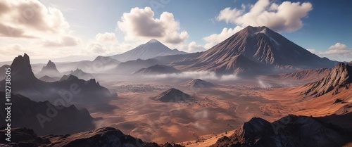 A cloud-filled valley below a dormant volcano, cloud cover, atmospheric