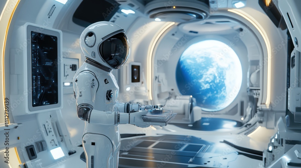 A robotic astronaut conducting experiments aboard a space station orbiting Earth, floating equipment and planet view, Space exploration style