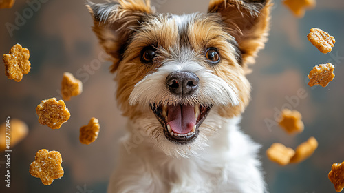 Happy dog catching treats in mid-air with excited expression and playful background. Generative AI