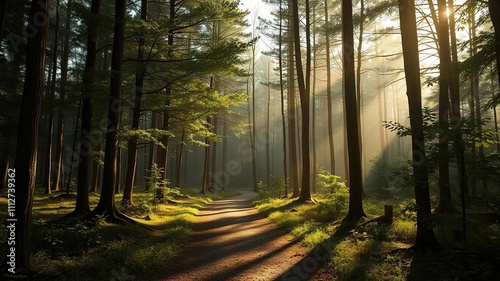 A forest path winding through trees with sunlight filtering down, greenery, forest path