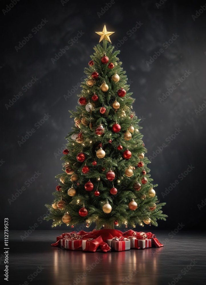 a glittering Christmas tree with ornaments and lights on a dark background, shining decor, sparkling elements, ornate decorations