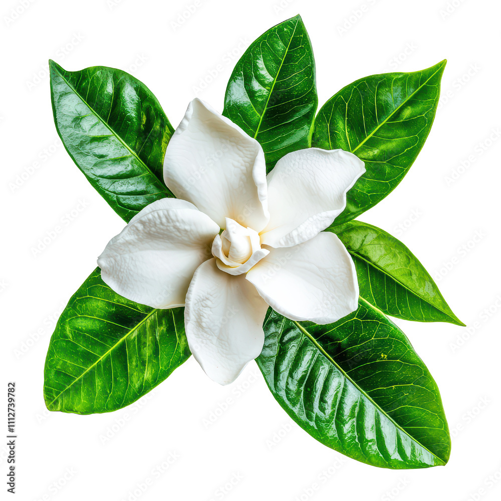 Naklejka premium beautiful white flower with green leaves, symbolizing purity and elegance. This floral arrangement is perfect for various decorative purposes. isolated on transparent background