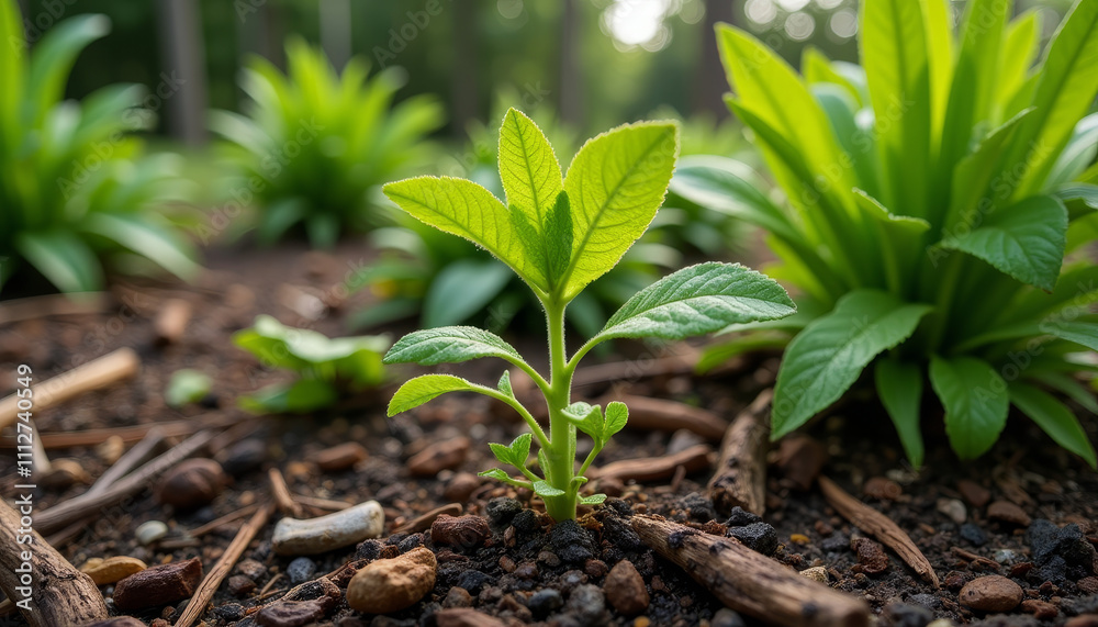 Small green sprout emerging from the soil in a vibrant garden during daylight Small green sprout emerging from the soil in a vibrant garden during daylight