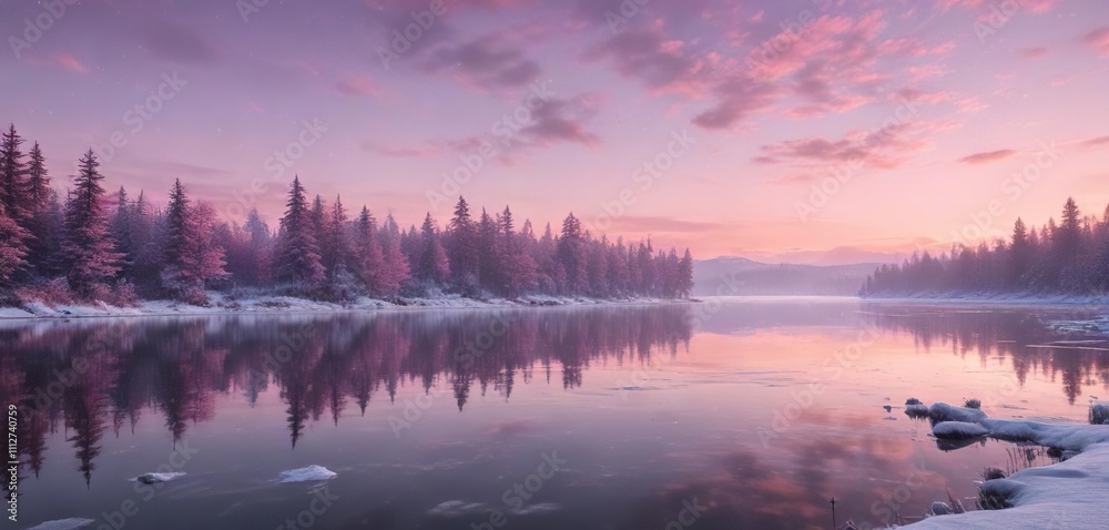 A serene frozen lake with snowflakes gently falling on the surface, under a tender pink sky with a few wispy clouds , serene natural scenery , gentle snowfall A serene frozen lake with snowflakes gently falling on the surface, under a tender pink sky with a few wispy clouds , serene natural scenery , gentle snowfall