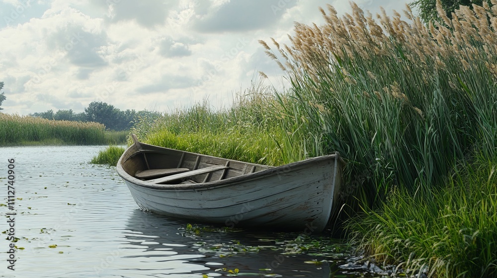 Obraz premium A weathered wooden boat rests quietly on the calm waters of a serene landscape, bordered by lush tall grass and a gentle sky filled with soft clouds, creating a peaceful ambiance