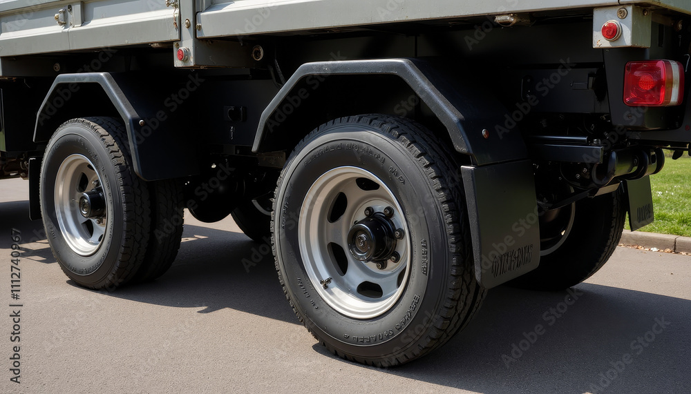 Heavy-duty truck displaying strong rear tires on a sunlit road in a bustling industrial area Heavy-duty truck displaying strong rear tires on a sunlit road in a bustling industrial area