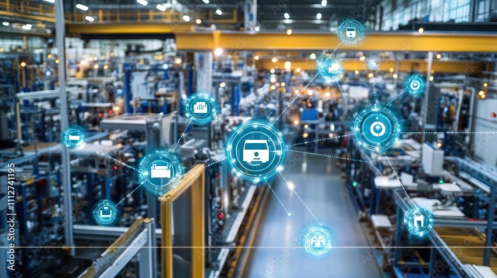 An Industrial Internet of Things IIoT network connecting devices and sensors across a modern factory floor An Industrial Internet of Things IIoT network connecting devices and sensors across a modern factory floor