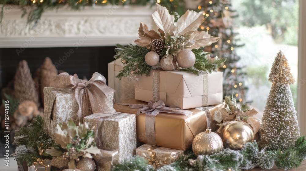 Holiday decor with gift boxes and seasonal accents Holiday decor with gift boxes and seasonal accents
