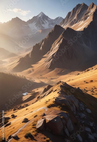 A sweeping mountain range is bathed in warm sunlight casting long shadows across the landscape below, sunlit peaks, long shadows