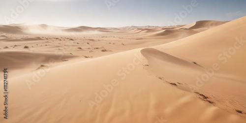 A vast expanse of sandy terrain is covered in swirling sand particles suspended in the air, reducing visibility to mere feet , blowing sand, golden dust