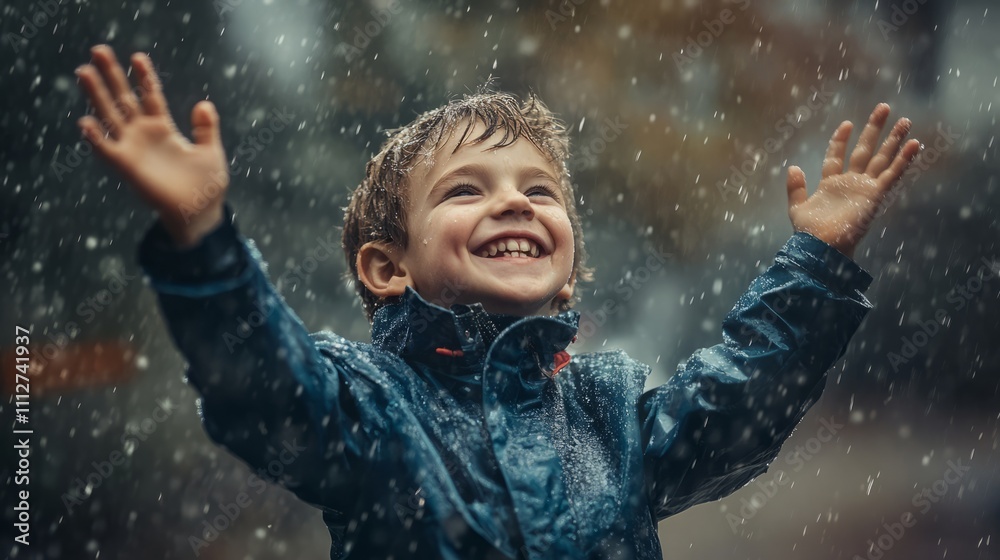 A happy child is delighting in the rain, arms wide open as water droplets fall around him. The moment captures pure joy, showcasing the beauty of playfulness in nature during a rainy day A happy child is delighting in the rain, arms wide open as water droplets fall around him. The moment captures pure joy, showcasing the beauty of playfulness in nature during a rainy day