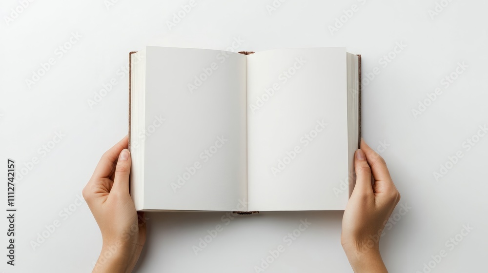 Open book held by hands on a plain background invites creativity. The empty pages beckon future stories, sketches, and ideas to be written down and explored Open book held by hands on a plain background invites creativity. The empty pages beckon future stories, sketches, and ideas to be written down and explored
