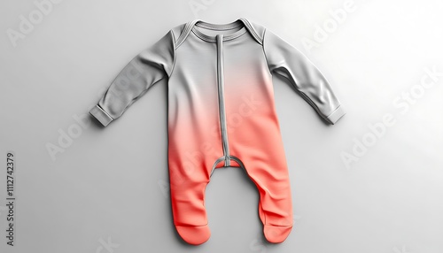 Bright coral to pale gray gradient zip-up baby sleepsuit mockup photo