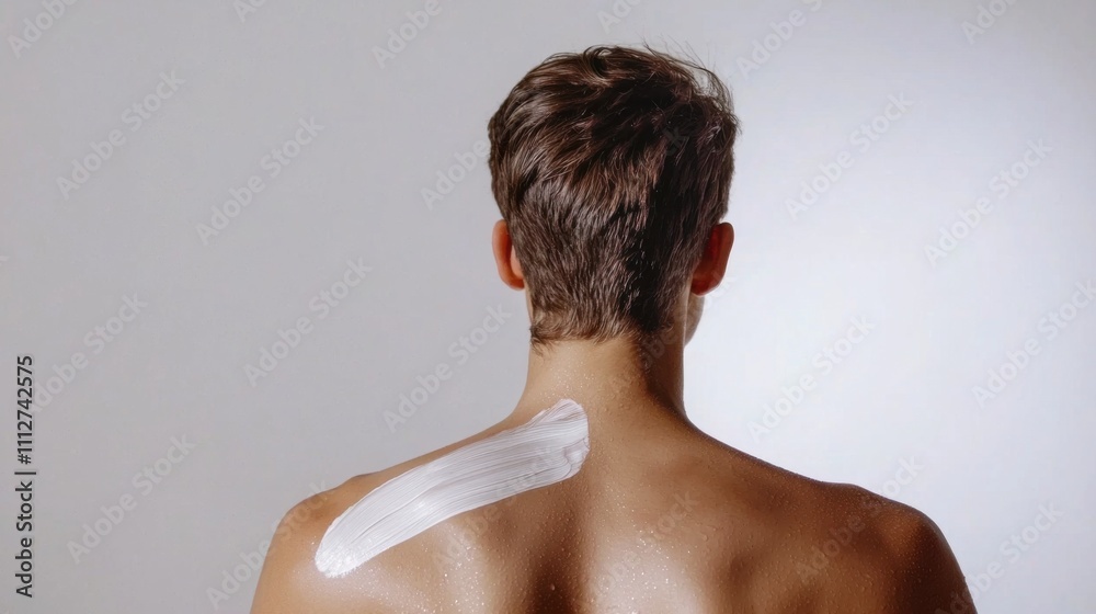 Lotion, sunscreen and shoulder of woman in studio with moisturizing, health and skincare routine. Smile, dermatology or female person with spf cream for smooth body texture by white background mockup Lotion, sunscreen and shoulder of woman in studio with moisturizing, health and skincare routine. Smile, dermatology or female person with spf cream for smooth body texture by white background mockup