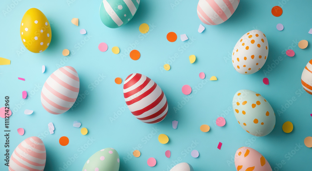 Colorful Easter eggs with stripes and dots on a pastel blue background, surrounded by confetti Colorful Easter eggs with stripes and dots on a pastel blue background, surrounded by confetti