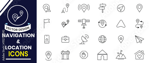 Navigation and location line icon set. Map location icon set, navigation icon,  destination, directions, distance, place, navigation and address line icons. Vector illustration.