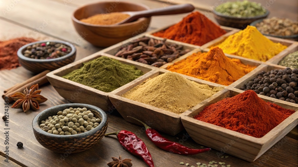 Colorful array of Indian spices on a wooden table, cumin seeds, warm spices, ground nuts, coriander seeds Colorful array of Indian spices on a wooden table, cumin seeds, warm spices, ground nuts, coriander seeds