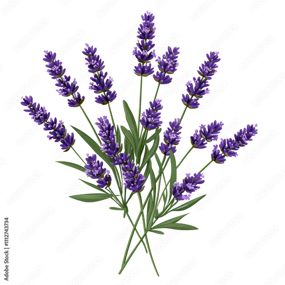 Obraz premium Lavender bouquet with vibrant purple flowers and green leaves, perfect for decoration or aromatherapy. isolated on transparent background