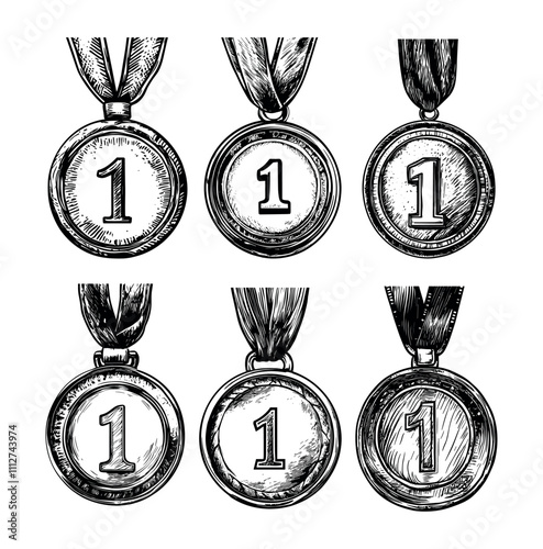 Engraving champion medals. First place winner achievement trophy prize sport competition award, number one round metal badge with ribbon, hand drawn isolated vector on white background