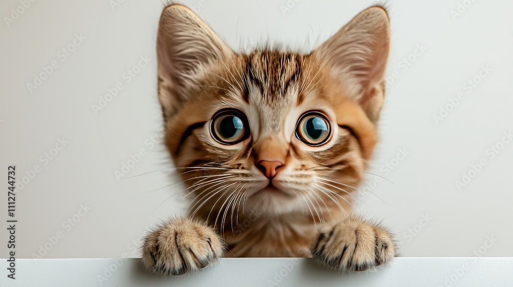 Cute kitten with big eyes peeking over a white surface indoors Cute kitten with big eyes peeking over a white surface indoors