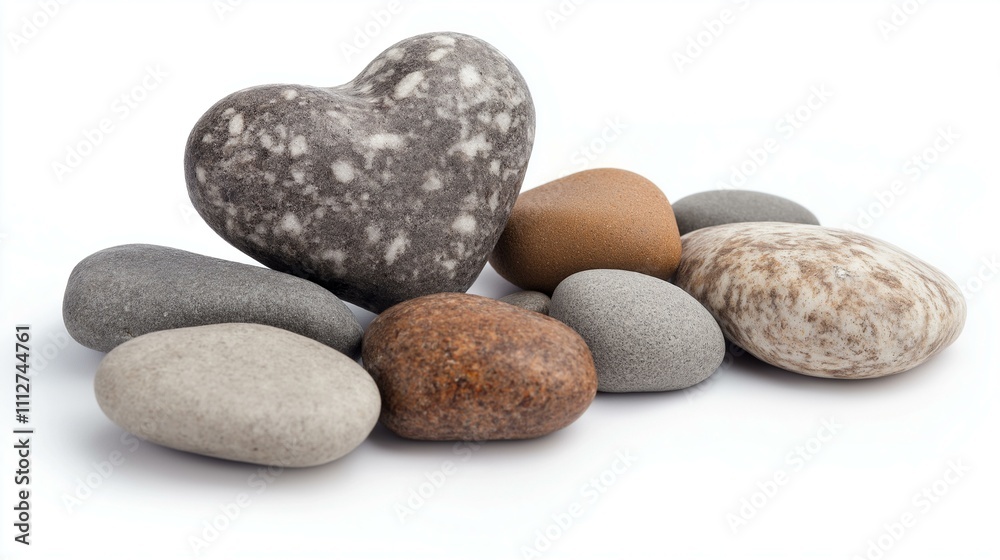 A collection of smooth stones featuring a heart-shaped rock against a white background. A collection of smooth stones featuring a heart-shaped rock against a white background.