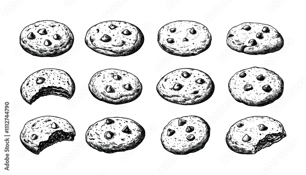 Obraz premium Engraving chocolate cookies. Bakery chips flour crispy treats, oatmeal confectionery crunches biscuit sweets, retro hand drawn black ink sketch isolated vectors on white background
