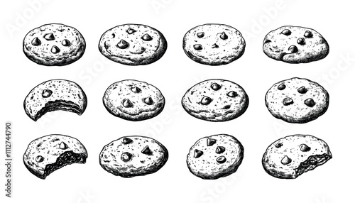Engraving chocolate cookies. Bakery chips flour crispy treats, oatmeal confectionery crunches biscuit sweets, retro hand drawn black ink sketch isolated vectors on white background