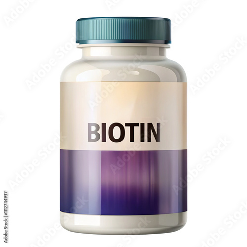 Supplement bottle with Biotin label on transparent background. photo