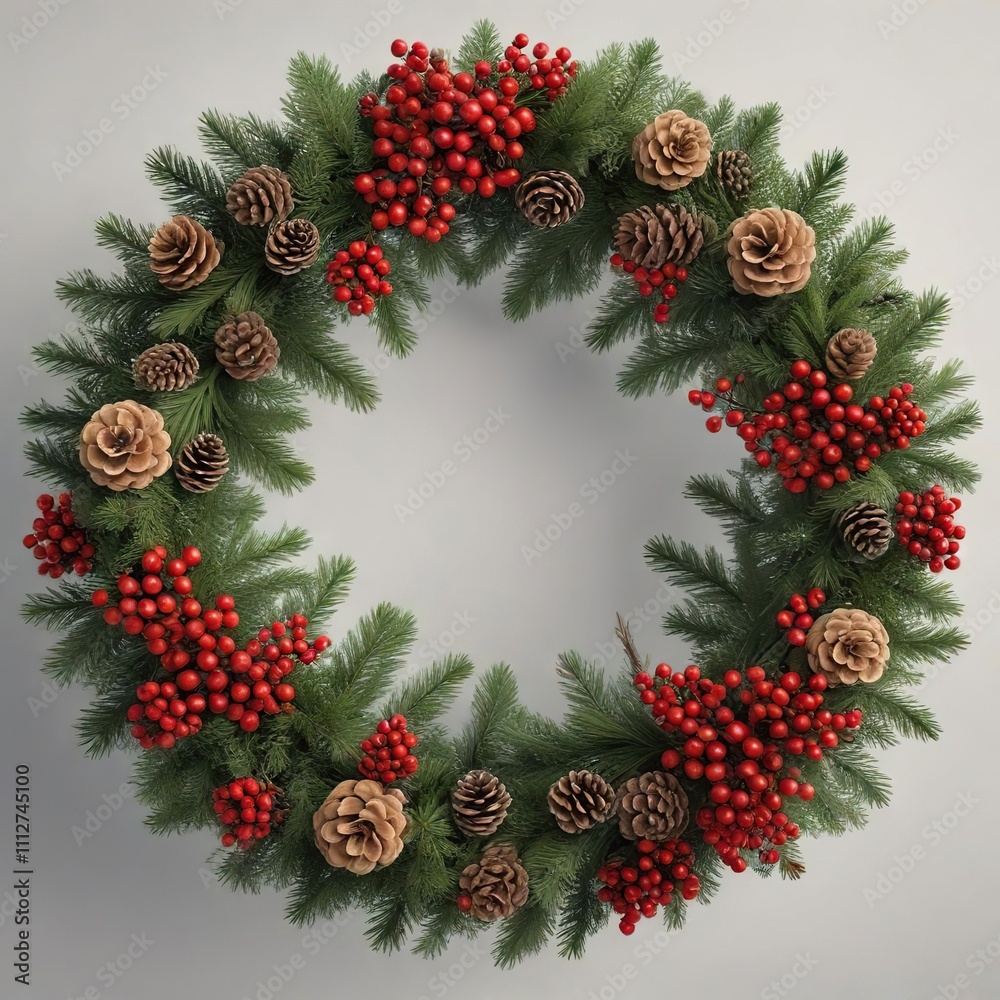 Decorative evergreen wreath with pine cones and red berries arranged in a circular pattern, holly, red berries, seasonal decor Decorative evergreen wreath with pine cones and red berries arranged in a circular pattern, holly, red berries, seasonal decor