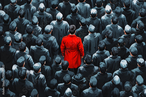 Artistic Depiction of a Crowd in Muted Tones Featuring a Single Individual in Vivid Red, Highlighting Themes of Individuality and Social Identity photo