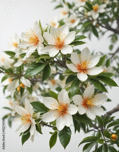 Delicate citrus tree blossoms against a clean white background, showcasing their intricate details and beauty , bloom, blossom flower, spring