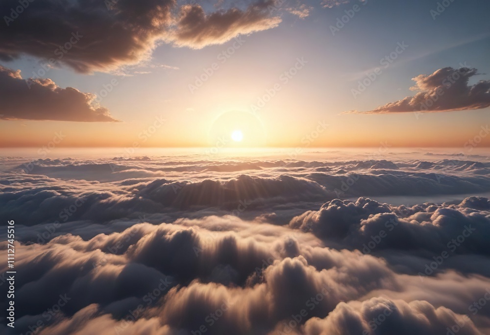 Distant sun rises above a layer of dense foggy clouds, distant sunrise, misty landscape, foggy cloudy horizon Distant sun rises above a layer of dense foggy clouds, distant sunrise, misty landscape, foggy cloudy horizon